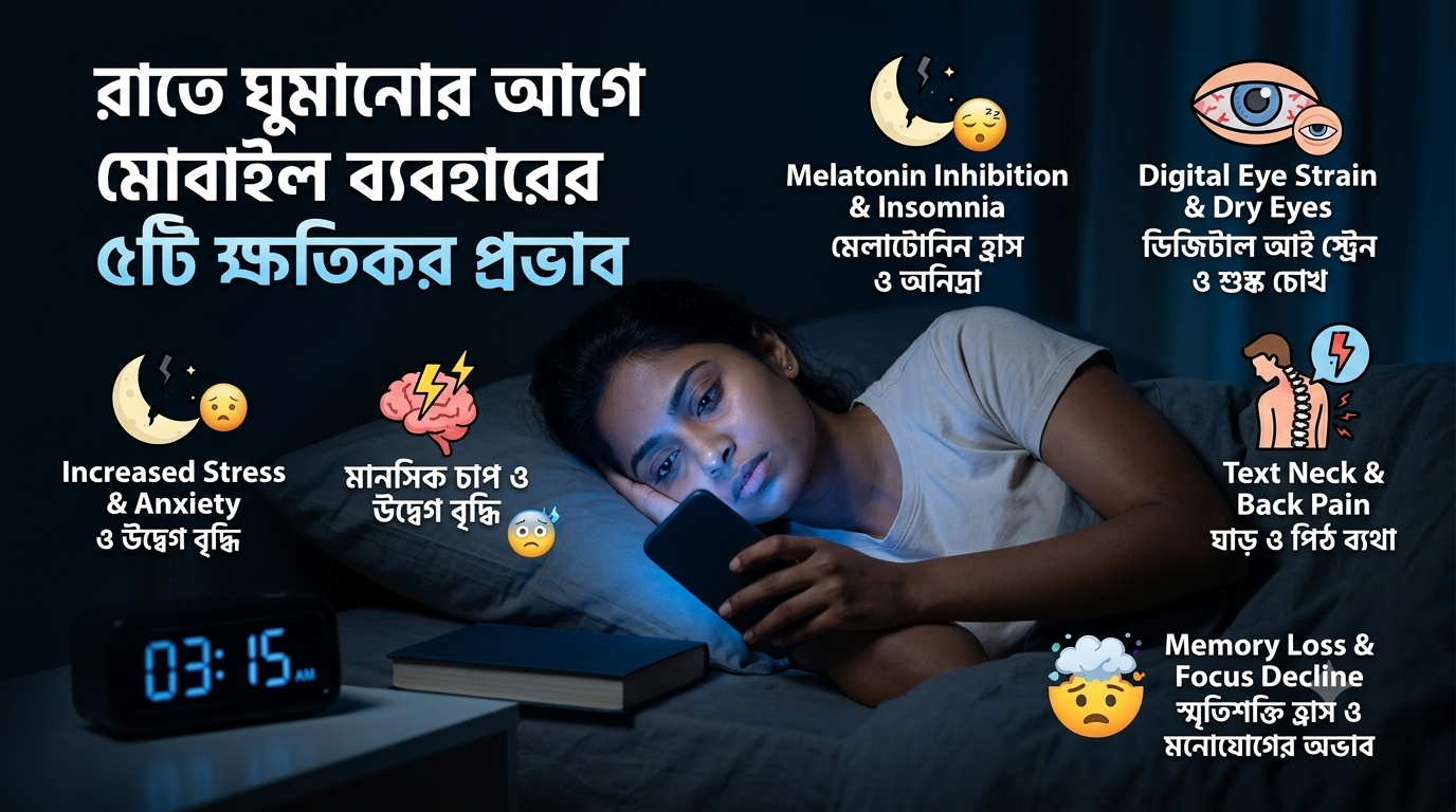 রাতে ঘুমানোর আগে মোবাইল ব্যবহারের ৫টি ক্ষতিকর প্রভাবঃ একটি বৈজ্ঞানিক ও সচেতনতামূলক গাইড!